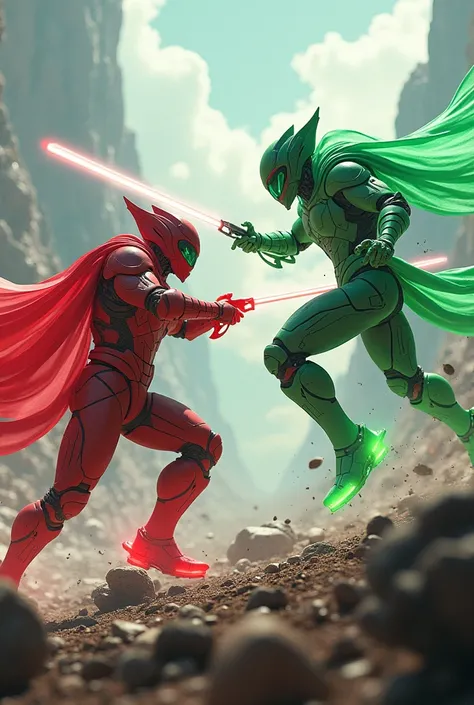 A hyper-realistic scene of two Skibidi heroes fighting on a futuristic battlefield, one with crimson red and the other with emerald green hyper-sonic colors, featuring detailed armor, weaponry, and a landscape filled with robotic debris and advanced milita...