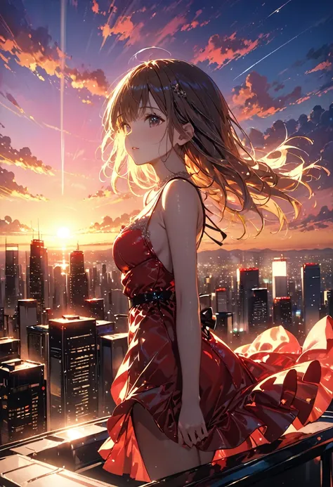 Beautiful CG。Cinema Lighting ,masterpiece, Highest quality, 8k.Skyscrapers。大空に逆さまになったSkyscrapers。Light of the sun。Beautiful city lights。Beautiful sunset。Colorful Clouds。A girl on the roof of a skyscraper。Red dress。