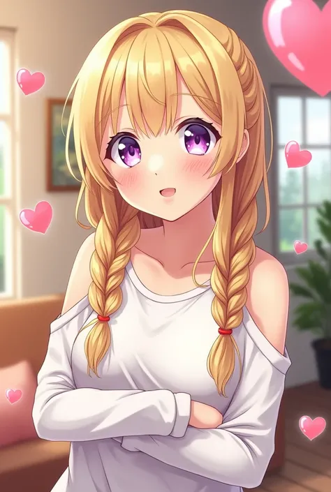 Anime girl , blonde hair , long braided hair , purple eyes , friendly eyes , open shoulders long sleeve t shirt , white t shirt , happy , heart bubbles , at home