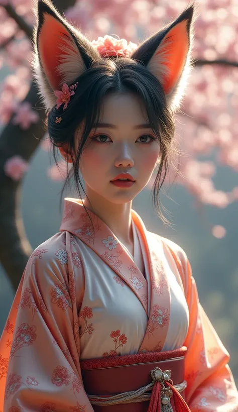 a solo young woman, nine-tailed kitsune fox spirit, japan traditional cloth, sakura tree background, beautiful detailed eyes, beautiful detailed lips, extremely detailed eyes and face, long eyelashes, full body portrait, intricate detailed kimono, magical ...