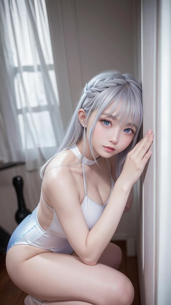 Height: 170cm、Bust 90cm、Waist 57cm、Hips 88cm、Big eyes、blue eyes、Beautiful waistline、Pretty girl、20-year-old、White high leg leotard、Naughty pose、Silver Hair、９Head to Body、smile、Straight perm、ass pov, 