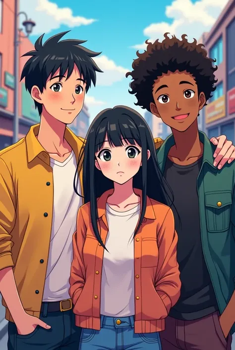 Make an image of a white-skinned man with black hair with a woman with straight black hair and white skin and a man with short black curly hair and light brown skin being friends in an anime version
