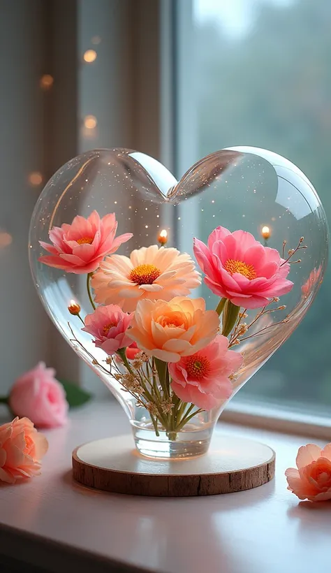 Create a presentation-type video showing different types of flowers inside glass hearts 