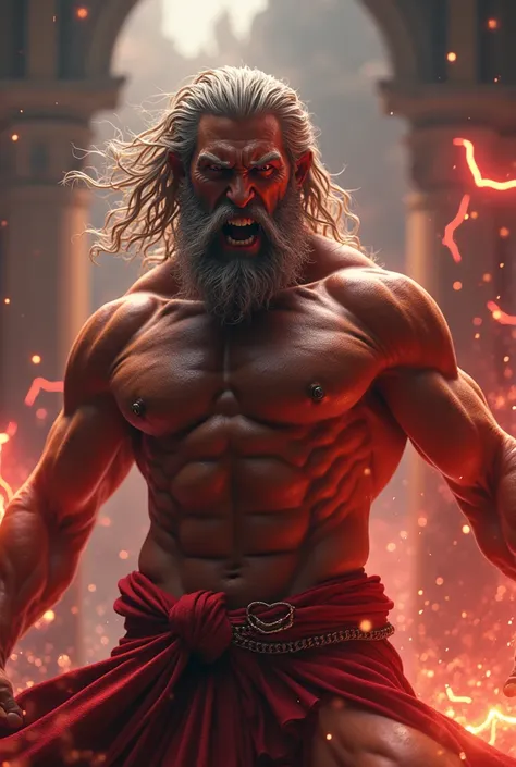 An image of Zeus from ancient Greece realistic Furious facing only his torso. Muscle man with the idea of promoting a 1vs1 competitive event in battle with red lightning 