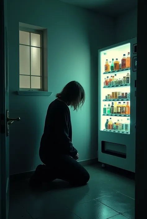 Concept: A figure kneeling inside a narrow  booth with a with window on the side that has light coming into it with a large, glowing vending machine, resembling a confessional booth. Inside the machine, instead of snacks, are various sex toys, bottles of a...