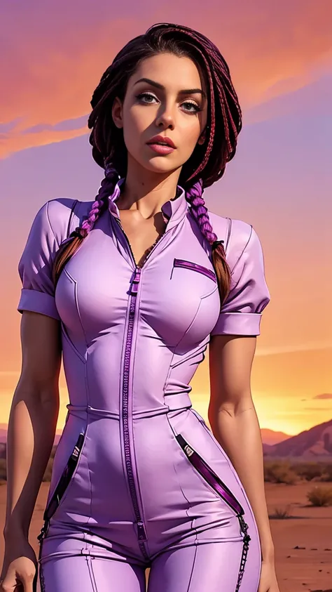 Woman, caucasian, ((tight unzipped lilac cotton jumpsuit)), no sleeves, brunette dreadlocks, chest close up, torso view, red sky, desert wasteland