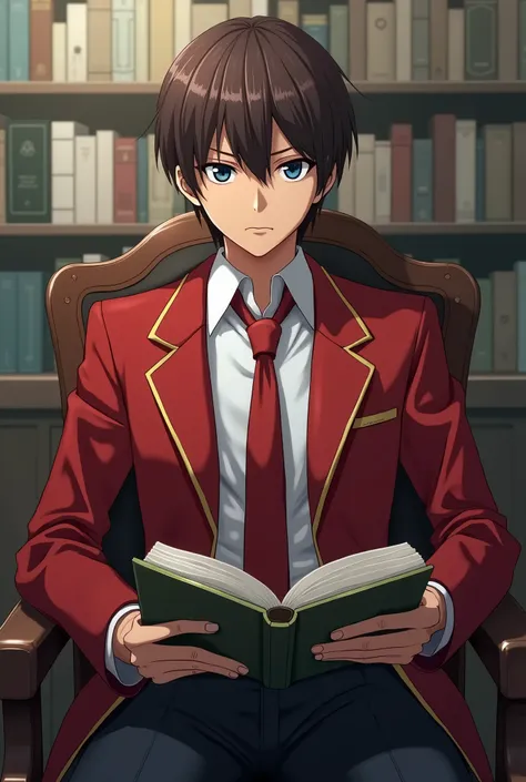 Ayanokoji Kiyotaka de Classroom of The Elite, a young man with brown hair and dark blue eyes, vestindo o uniforme escolar da Tokyo Metropolitan Advanced Nurturing High School: a white shirt with a red tie, red blazer with gold details and black pants. Hes ...