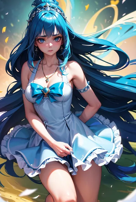 A tall young woman with navy blue long hair, small braids among the hair, messy hair, light blue eyes, small breasts, thin, tiara on the head, turquoise bow in the hair, blue heart necklace, white frilly dress, magical girl outfit, full body shot, magia na...