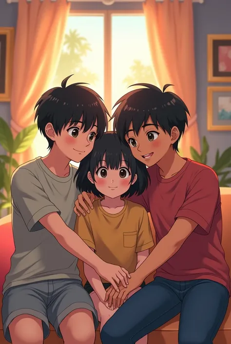 Make an image of a white-skinned man with black hair with a woman with straight black hair and white skin and a man with short black hair and light brown skin being friends in an anime version
