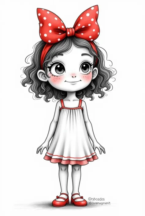 Pencil drawing in doodle style、and、Simple and rough lines、Young freckled girl、Katyusha with a big red ribbon、young freckles lady. She is standing against a white background. She has an oval face and big eyes. She is wearing curly hair and a sundress. (LINE...