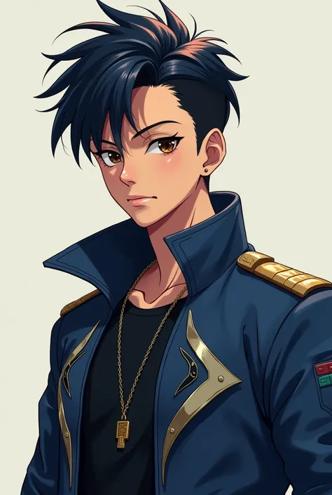 1 south american guy with short hair and a navy blue anime style jacket 