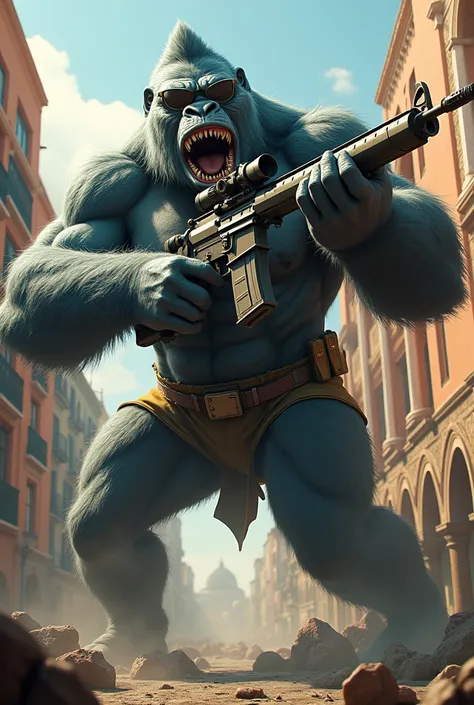 A gorilla shark shooting a rifle in Bellas Artes Mexico the gorilla shark should shoot the rifle should be in Bellas Artes Mexico make it bigger and stronger but with a good face put sunglasses on it put clothes on it now make it fight with a mammoth dog m...