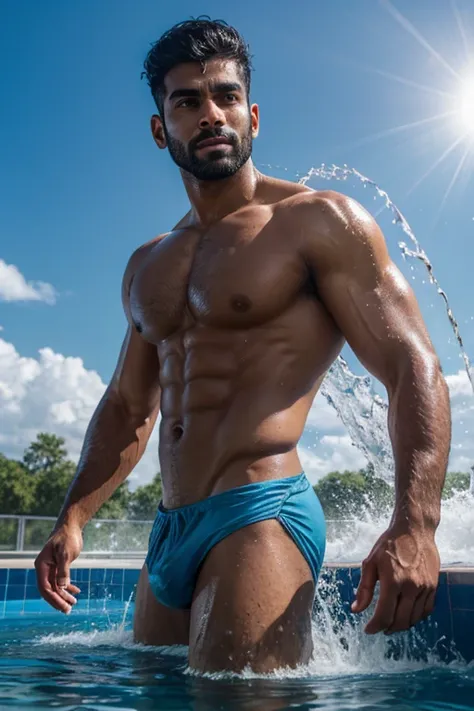 From front view, Ultra detailed photo of  face of handsome  Indian man, rise from water, water up to his shoulder, the pool,  looking to the camera, splashing water and water drops, high angle view, high angle shot, splashing waters and water drops around ...