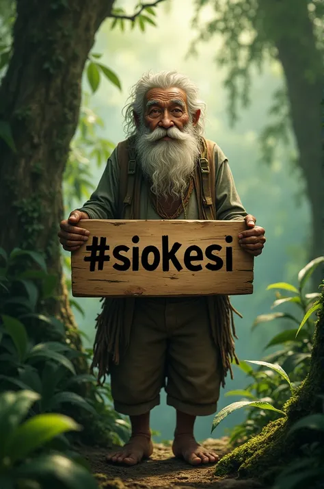 A oldman in the jungle with the board written the word #SIOKESI