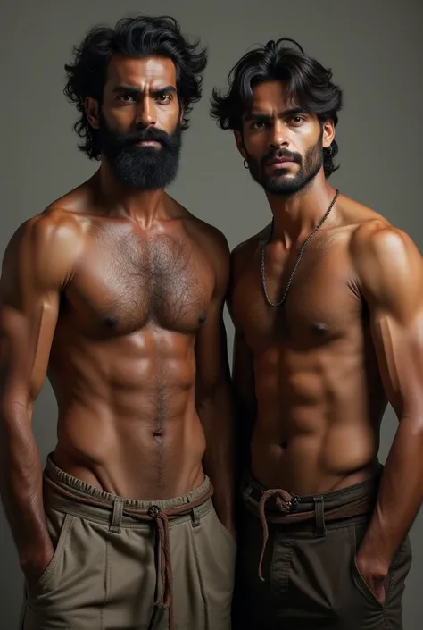 Shirtless dark Indian men with body hair , less muscular