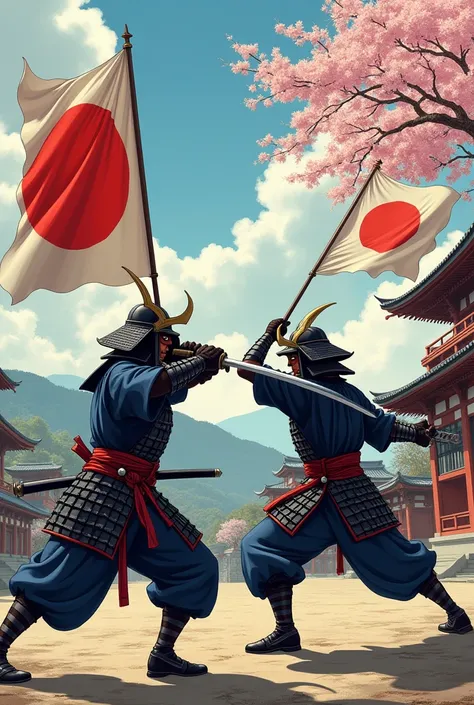 Two samurai  with different banners in manga style
