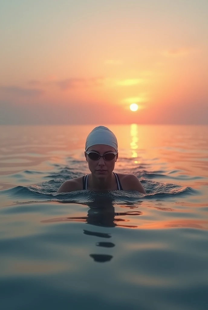 Dans une mer calme, au levé de soleil, une brune, 30 ans, avec un bonnet de bain, des lunettes de natation et une en combinaison nage le crawl vers le soleil en arrière plan.