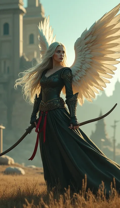 young intricate woman in a battle field with a majestic bow in her hand, beautiful woman, long blonde hair, green hair, bright silver eyes, , pale white skinned, , focused expression, ready for battle, wearing battle armor, with large white angle wings on ...