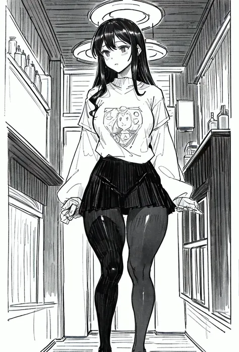 Generate a detailed dynamic manga style illustration of a very thin woman in a bar. She has curly brown hair and large black eyes. She wears a shirt skirt and a tight t-shirt. She’s very shy. Her expression is focused as she intently watches her muscular t...