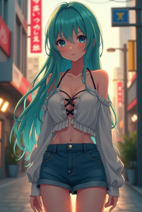 anime, woman, flushed cheeks, standing, looking at viewer, long hair, aqua hair, blue eyes, slender, blouse, halter top, undone clothing, mini skirt, young adult, in the city, on the street, in the evening, half body photo, front view, golden hour