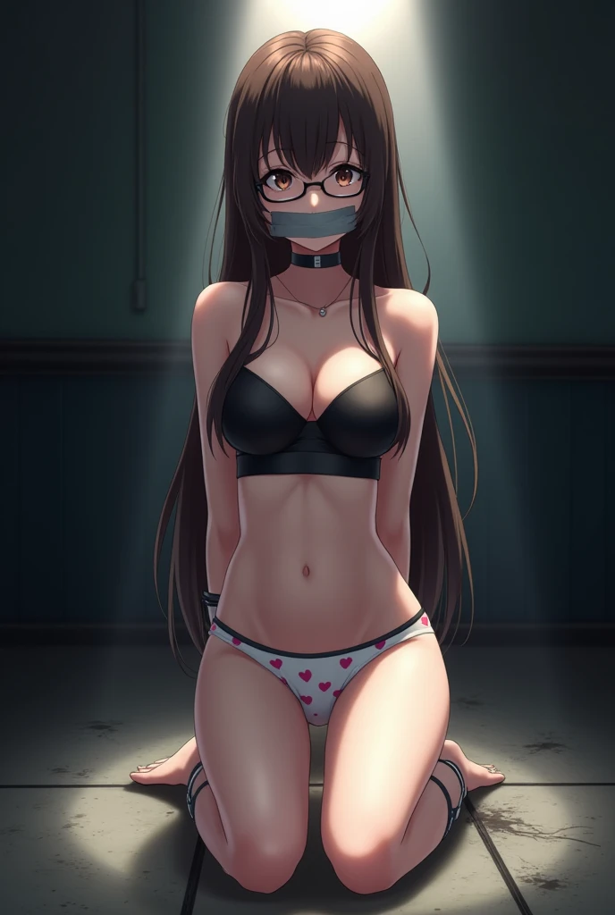 sekijou sawako, anime picture, shibari, brown eyes, brown hair, long hair, black eye glasses, stripped, best quality, ultra-detailed, high resolution, extremely detailed cg, unity 8k wallpaper, masterpiece, perfect body, anime picture, femsub, BDSM, white ...