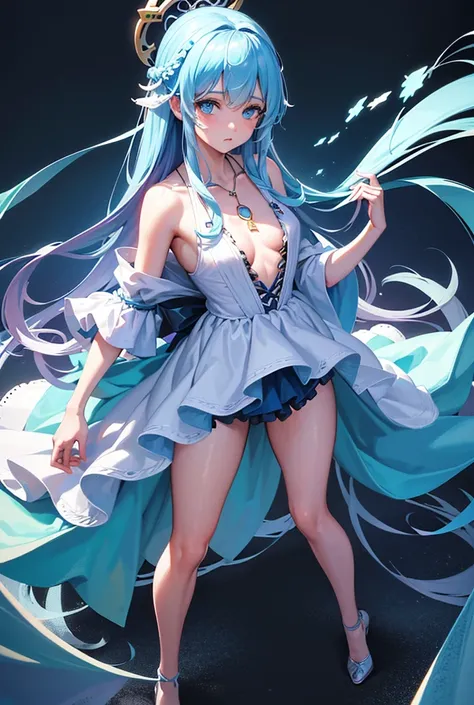 A tall young woman with navy blue long hair, small braids among the hair, messy hair, light blue eyes, small breasts, thin, tiara on the head, turquoise bow in the hair, blue heart necklace, white frilly dress, magical girl outfit, full body shot, magia na...