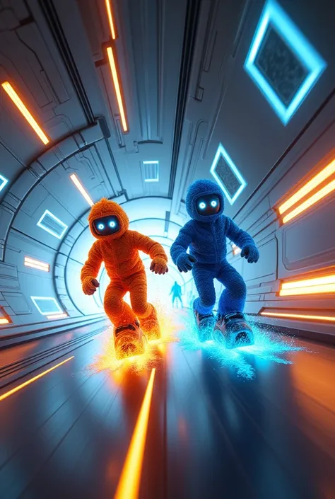 A hyper-realistic chase scene with two Skibidi heroes speeding through a high-tech tunnel, one with blazing orange and the other with icy blue hyper-sonic colors, with realistic lighting effects, motion blur, and intricate details in the tunnel’s design.