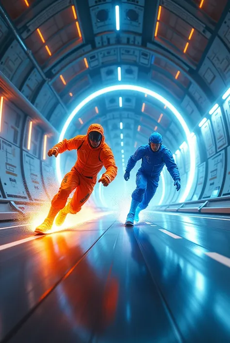 A hyper-realistic chase scene with two Skibidi heroes speeding through a high-tech tunnel, one with blazing orange and the other with icy blue hyper-sonic colors, with realistic lighting effects, motion blur, and intricate details in the tunnel’s design.