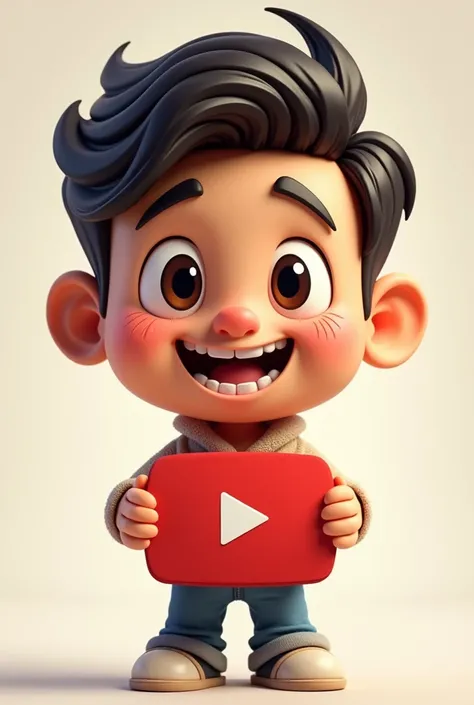 Character with face holding YouTube character carton