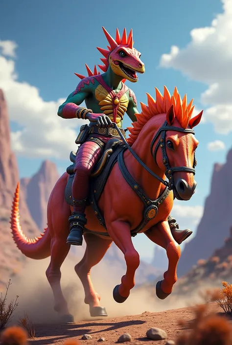 A free fire character with a dino skin riding a horse