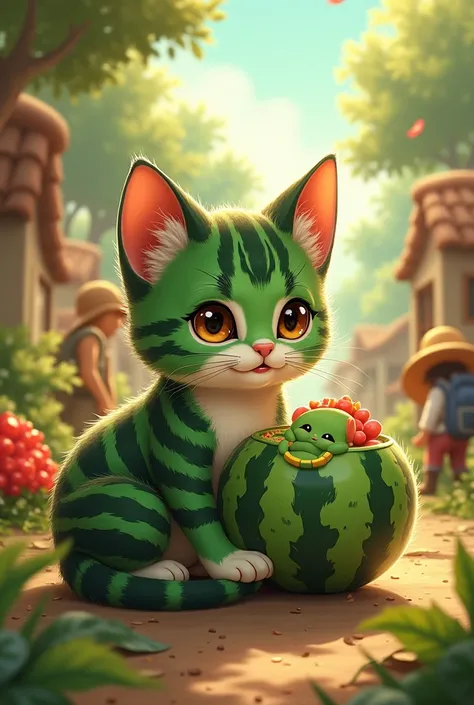 In a small, peaceful village, a litter of kittens is born on a sunny summer day. Among them is a special kitten with a coat unlike any other—green with dark stripes and patches that resemble a watermelon. The villagers, amazed by his unique appearance, nam...