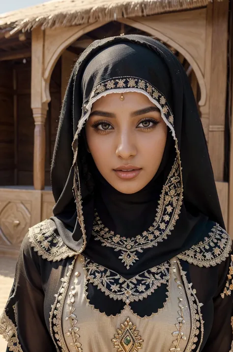 A full body of beautiful young Arabian woman, hijab , detailed beautiful eyes, detailed beautiful face, detailed beautiful nose, bright skin . in a vibrant black  arabain Dress , The background is a bustling outdoor house tranquil landscape with mountains ...