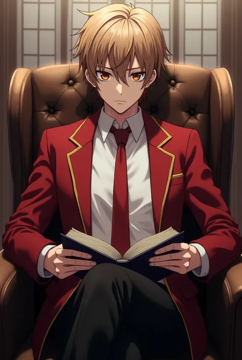 Ayanokoji Kiyotaka from Classroom of The Elite, a young man with light brown hair and brown eyes, wearing the Tokyo Metropolitan Advanced Nurturing High School uniform: a white shirt with a red tie, a red blazer with gold accents, and black trousers. He is...