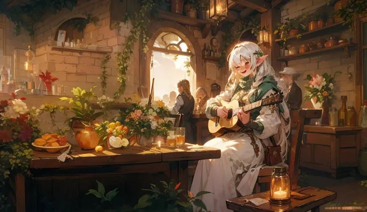 A lively fantasy tavern filled with diverse characters, featuring a human bard playing a lute, a dwarven blacksmith enjoying a drink at the bar, and an elven sage quietly reading at a nearby table. The tavern is warmly lit by lanterns and candles, with woo...