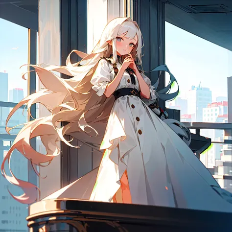 (masterpiece, Highest quality),A girl with long hair on the roof of a high-rise building, She placed her hand under her chin, Warm lighting, White Dress, 