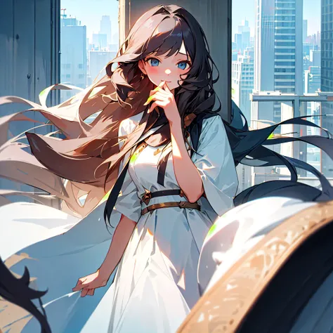 (masterpiece, Highest quality),A girl with long hair on the roof of a high-rise building, She placed her hand under her chin, Warm lighting, White Dress, 