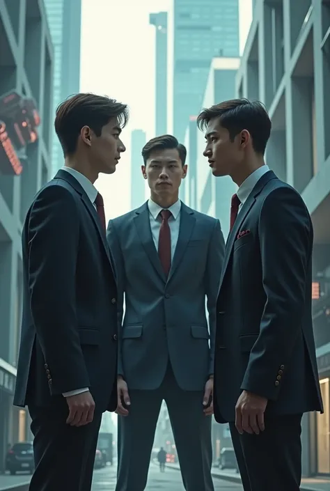 make two ordinary and young men with suit fighting another ordinary and young man wearing suit in a futuristic city called Inatropole where there is "inacio" everywhere