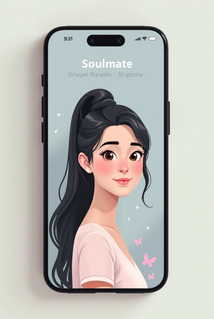 Make a home screen for mental health support chatbot app, name of app is Soulmate, option written in English , girl in profile photo having long tied black hair