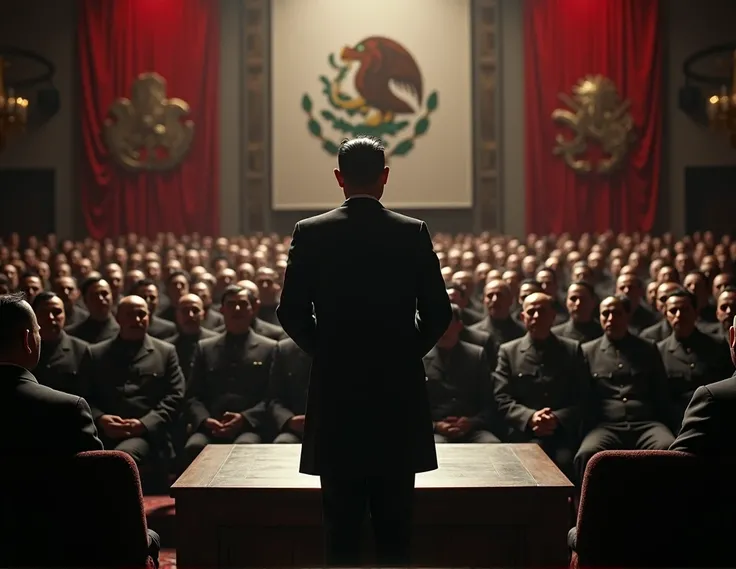 a fascist conference in Mexico 1940, historical photograph, medium format film, high contrast, dramatic lighting, powerful leader on stage, stern expressions on audience faces, totalitarian architecture, ominous atmosphere, (best quality,4k,8k,highres,mast...