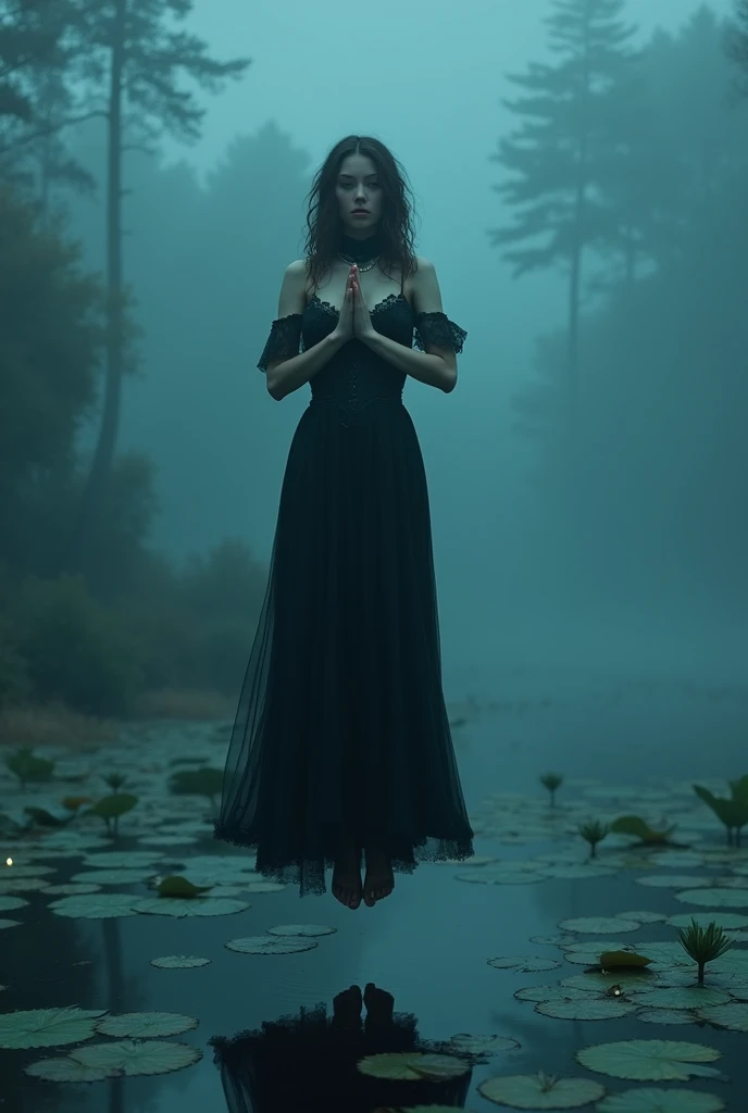 Beautiful gothic girl in a medieval tight long dress. Skinny body, voluptuous and exuberant. levitating in a prayer position on the surface of a lagoon with water lilies in the middle of the dense night fog. bioluminiscente.  High resolution, masterpiece, ...