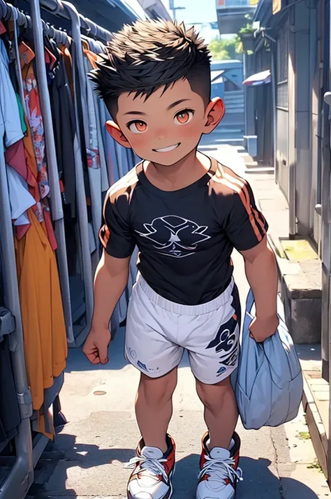 (Shota:1.5),(((Highest quality))),(((masterpiece))),(((Very detailed))),(((High resolution))),(((One person))),Short sleeveＴshirt,Short shorts,White socks,Blue sneakers,Cheerful boy,Japanese,Buzz Cut,(((Spiked Hair))),Black Hair,(Point pupils),Skinny body,...