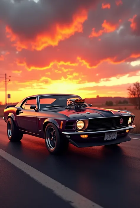 A muscle car  with sunset behind it