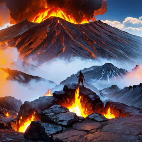 in fighting pose, on top of an active volcano, detailed