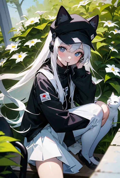 20 year old woman, wearing a black jacket, white shirt, white sleeves, white hair, long hair, black eyes, white star eye pupils, with a white skirt, wearing a black cat hat, and wearing black headphones,Eyes open happily, Sitting in the garden, Mouth open 