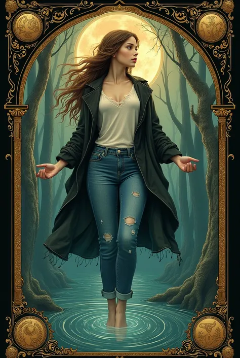 masterpiece, Best quality, one woman, Tarot, Bard, A joke, Symbolism, Visual Art, Occultism, Universal, Vision-Casting, Philosophy, Iconography, Numerology, Popularity, Art, Alphonse Mucha, jeans, drowning in bog