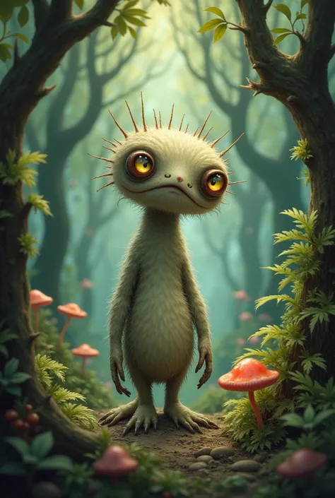 Create a personage monster the forest that magical and cute drawed as tim Burton 