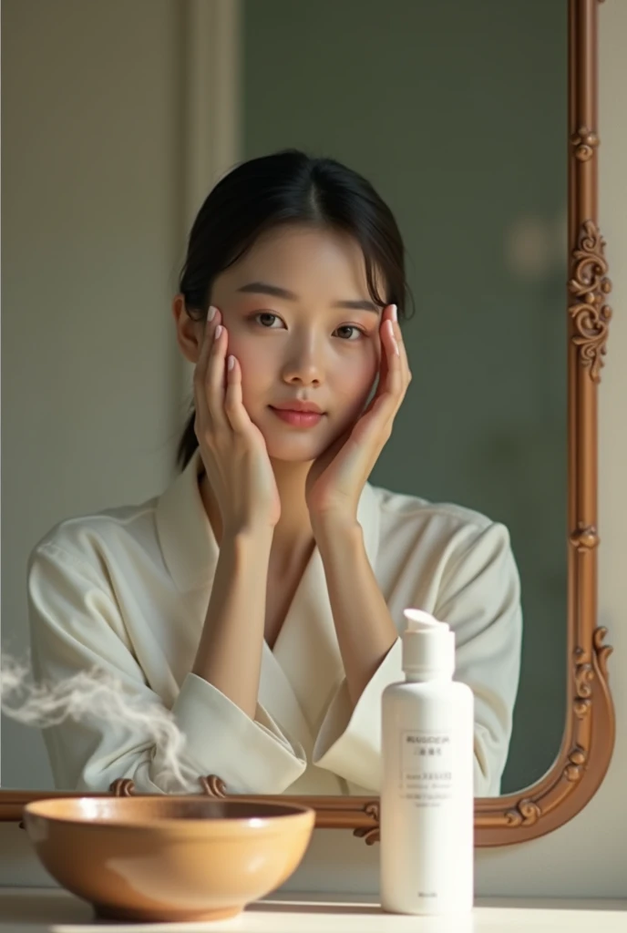 Please make a photo of a Japanese woman using Korean cosmetic lotion in front of a mirror.。Please place the lotion packaging prominently in front of the mirror.。You don&#39;t need to show your reflection in the mirror.。Please make sure the photo is not obv...