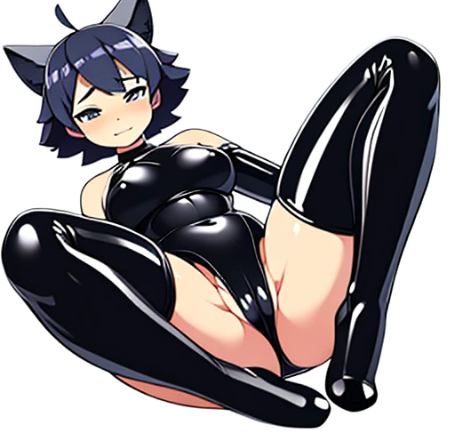 Himawari in sexy black tight latex suit doing sexy poses with sexy body full body open legs 