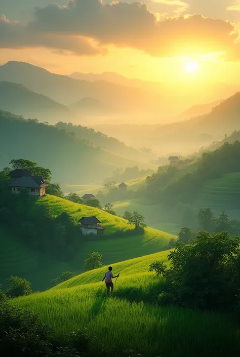 Natural scenery of Lao fields in the morning when the sun is rising