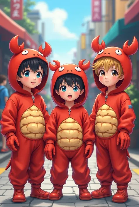 Three anime teen boy drees like a crab,one of the wearing glasses,same height